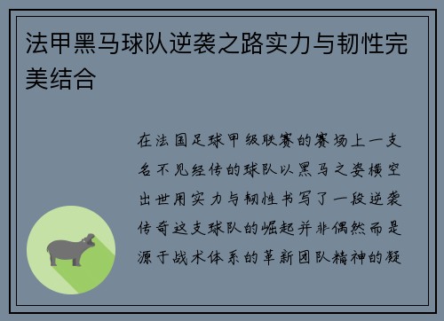 法甲黑马球队逆袭之路实力与韧性完美结合