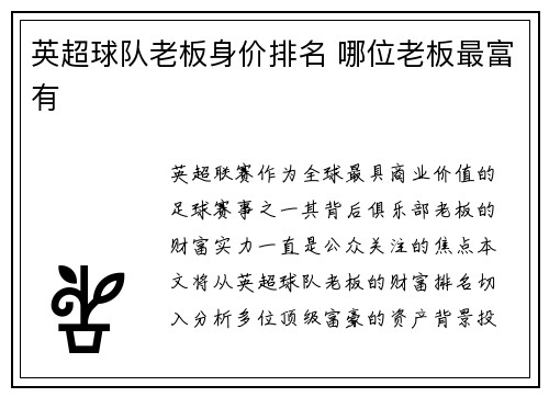 英超球队老板身价排名 哪位老板最富有