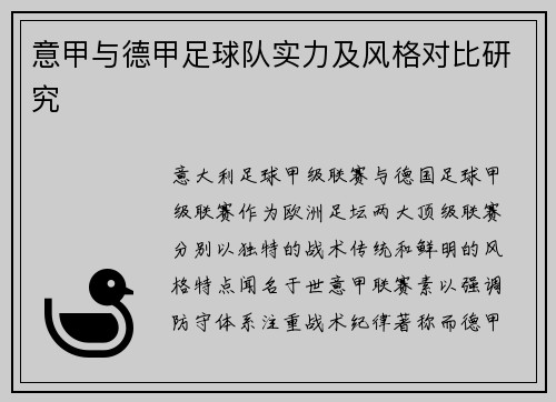 意甲与德甲足球队实力及风格对比研究